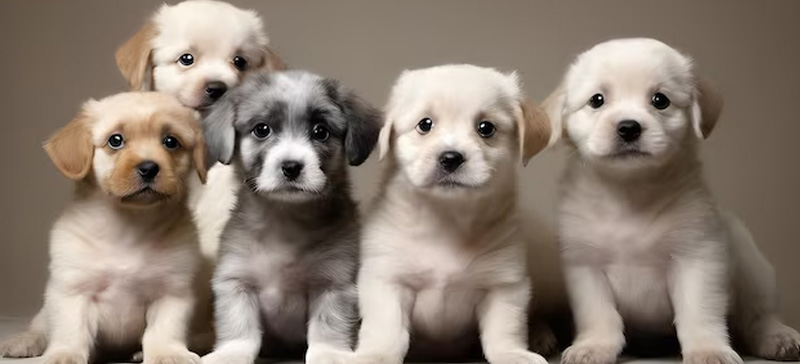 Un gruppo di cuccioli che fissano il padrone